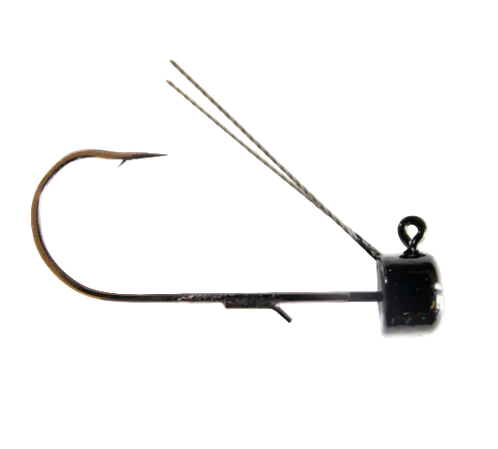 A black jig head fishing lure with a single large hook and two wire leader strands, isolated on a white background.