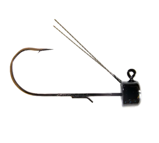 A black jig head fishing lure with a single large hook and two wire leader strands, isolated on a white background.
