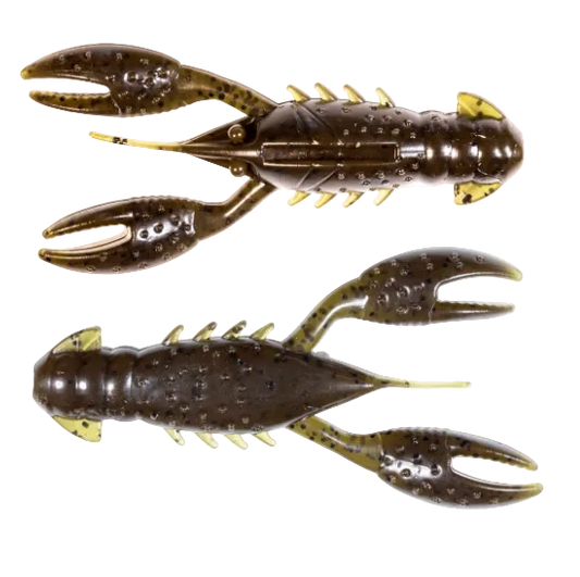 Two soft plastic crawfish fishing lures shown against a plain white background, one oriented horizontally and the other vertically.
