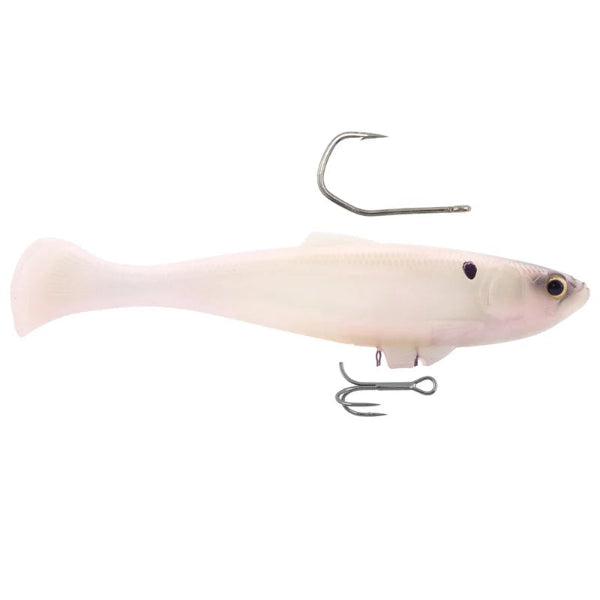 A soft plastic fishing lure shaped like a small fish in pale pink and off-white, shown with two silver metal hooks against a plain white background.