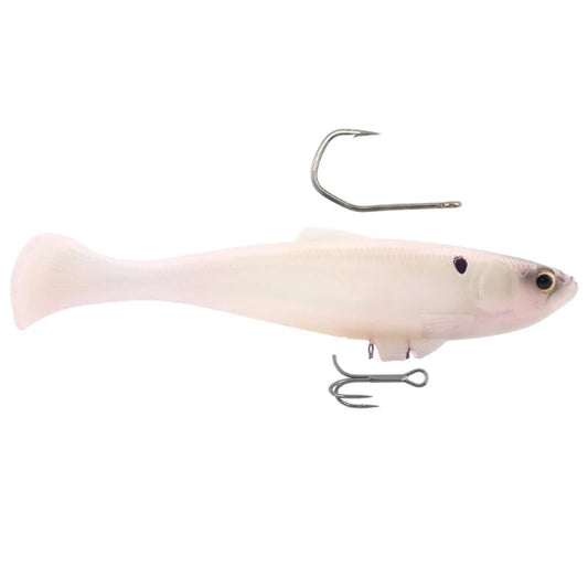 A soft plastic fishing lure shaped like a small fish in pale pink and off-white, shown with two silver metal hooks against a plain white background.