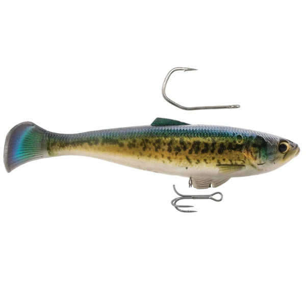 A soft plastic fishing lure shaped like a small fish, shown from the side on a plain white background. The lure has a silver-white body with green and yellow mottled coloring, a blue-green tail, and two exposed metal hooks attached.