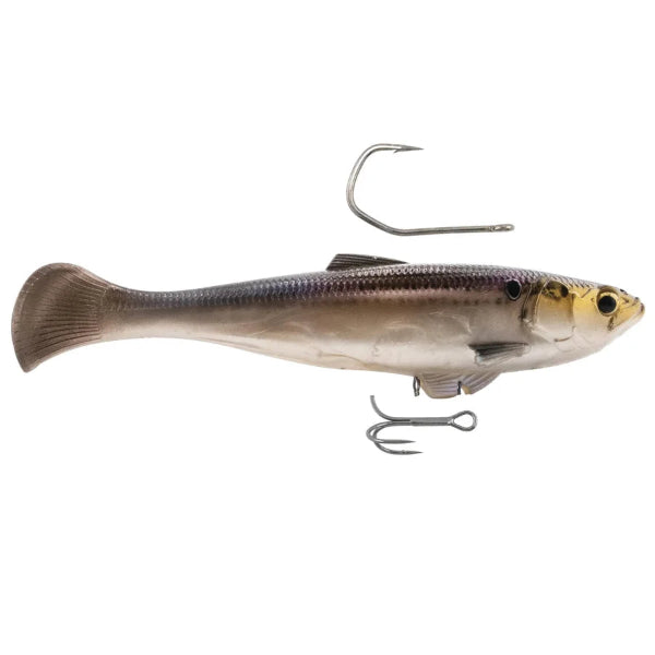 A soft plastic fishing lure shaped like a small fish, shown from the side on a plain white background. The lure has a silver and gray body with a yellow-gold head and two metal hooks attached.