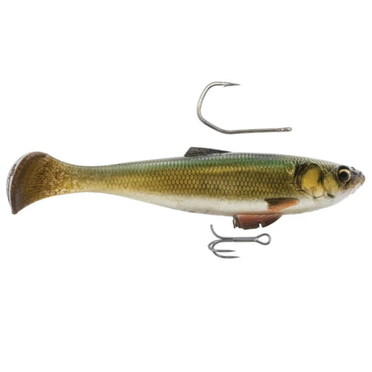 A soft plastic fishing lure shaped like a small fish, shown on a plain white background with two metal hooks attached or positioned near it. The lure has a green-to-gold scaled back, a white belly, and a reddish-orange gill area.
