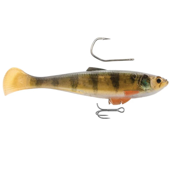Realistic perch fishing lure with dark stripes and two silver hooks.