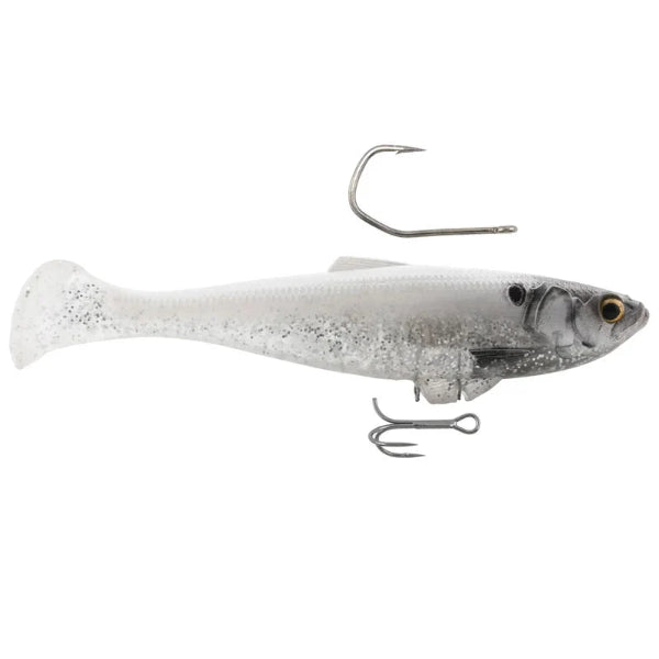 A soft plastic fishing lure shaped like a small fish, shown on a plain white background with two metal hooks attached.