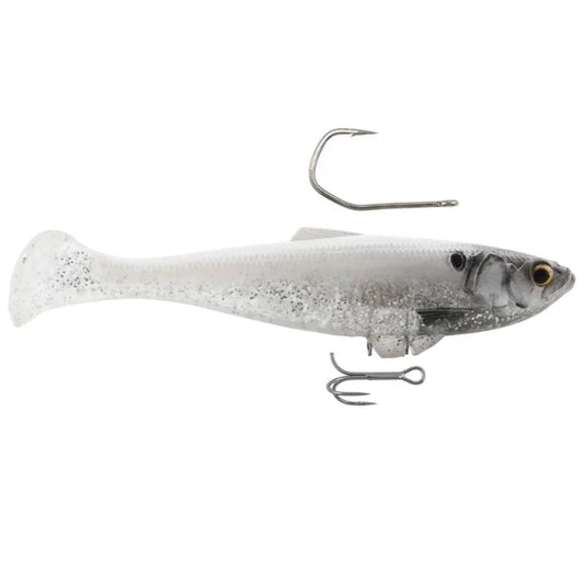 A soft plastic fishing lure shaped like a small fish, shown on a plain white background with two metal hooks attached.