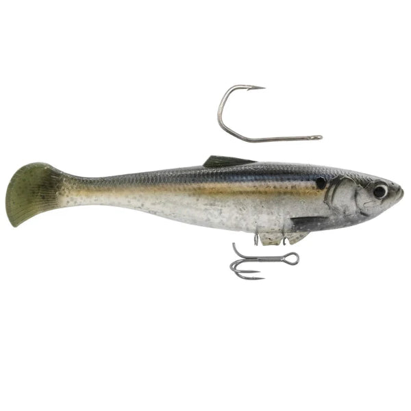 A soft plastic fishing lure shaped like a small fish, shown from the side on a plain white background. The lure has a silver and gray body with darker olive-green edges and two metal hooks attached.