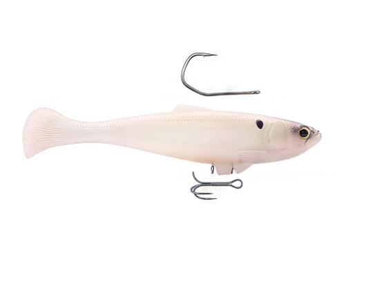 A soft plastic fishing lure shaped like a small fish, shown in a pale translucent off-white color with a realistic eye and a pair of metal hooks attached, on a plain white background.