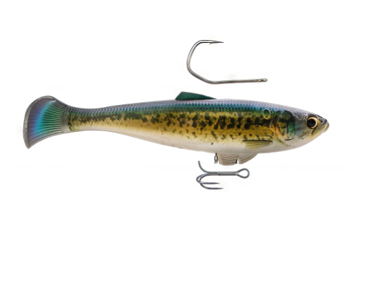 A soft plastic fishing lure shaped like a small fish, shown from the side on a plain white background. The lure has a silver body with green and black mottled markings, a blue-green tail, and two metal hooks attached.