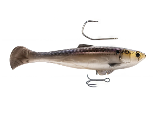 A soft plastic fishing lure shaped like a small fish, shown on a plain white background. The lure has a silver and gray body with a yellow-gold head and two metal hooks attached.