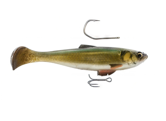 A realistic fishing lure shaped like a small fish, shown on a plain white background with two metal hooks attached.