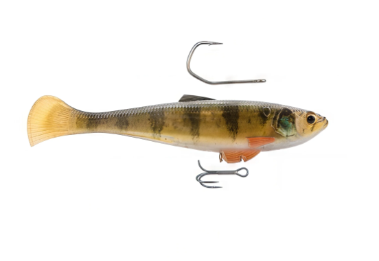 A soft plastic fishing lure shaped like a small fish, shown on a plain white background with two metal hooks attached. The lure has a yellow-to-brown body with dark vertical markings, a pale belly, and orange gills.