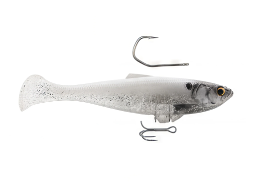Translucent white soft plastic fishing lure with glitter and two metal hooks.