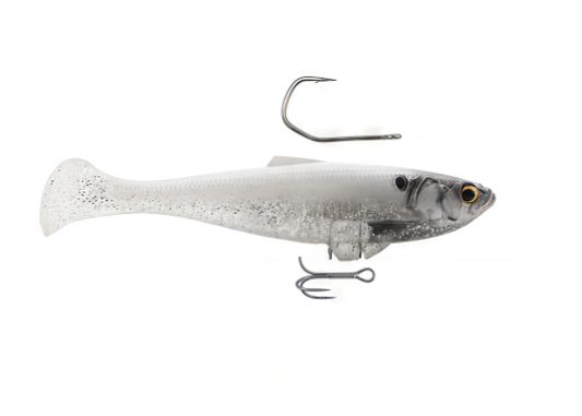 Translucent white soft plastic fishing lure with glitter and two metal hooks.