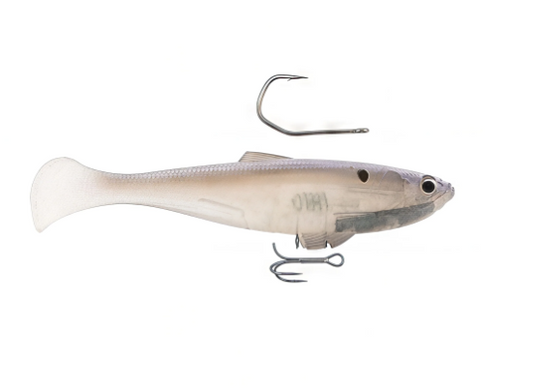 A soft plastic fishing lure shaped like a small fish, shown from the side on a plain white background. The lure is translucent with a pale beige to light gray body, a darker gray tail, and two silver metal hooks attached.