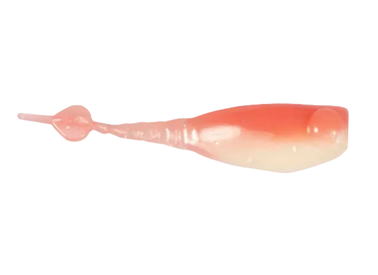 A translucent soft plastic fishing lure with a pink-to-white gradient body and a split tail, shown against a plain white background.