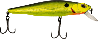 Fishing lure with a yellow body and red mouth on a white background