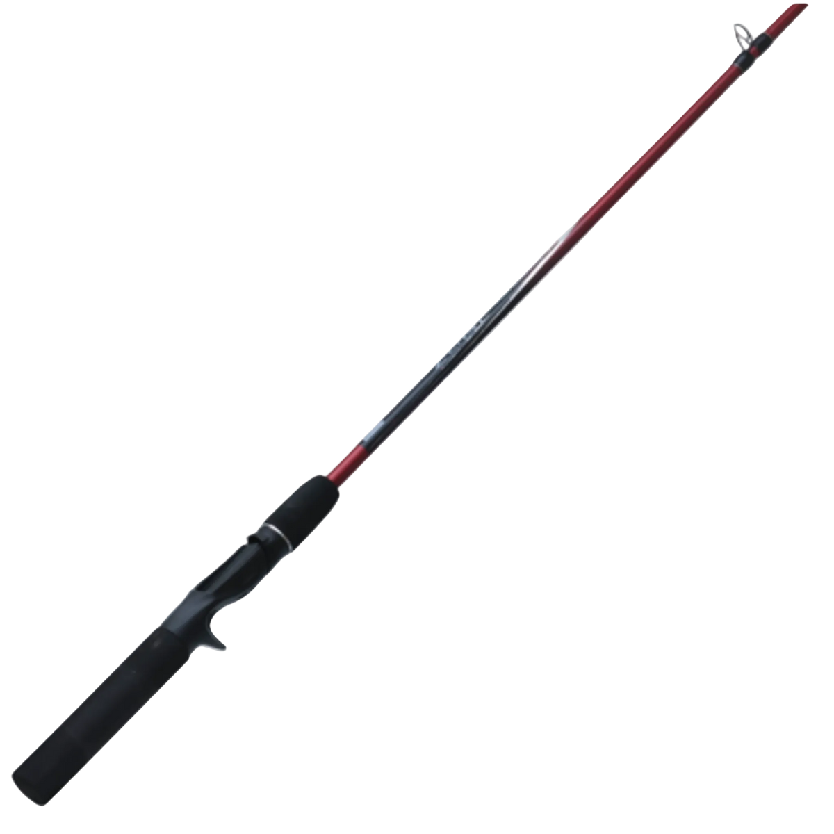 Fishing rod with black and red handle on a white background