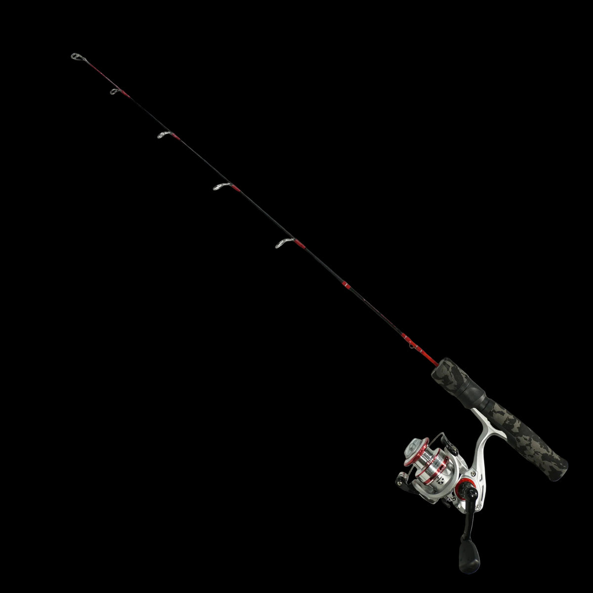 A spinning fishing rod with a silver and black spinning reel, featuring red accents on the rod and reel, set against a solid white background.