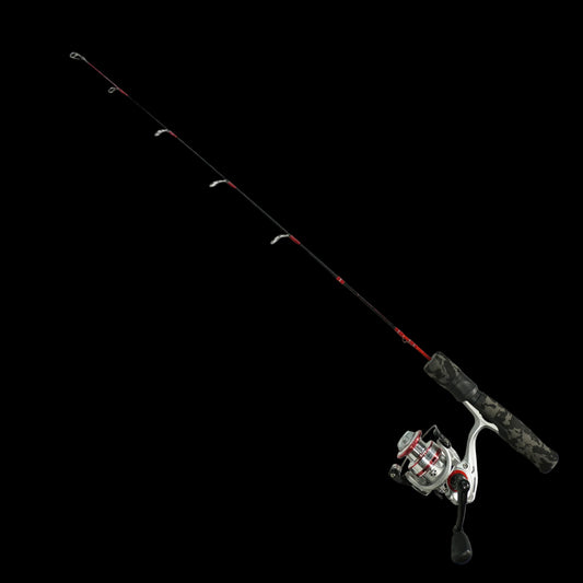 A spinning fishing rod with a silver and black spinning reel, featuring red accents on the rod and reel, set against a solid white background.