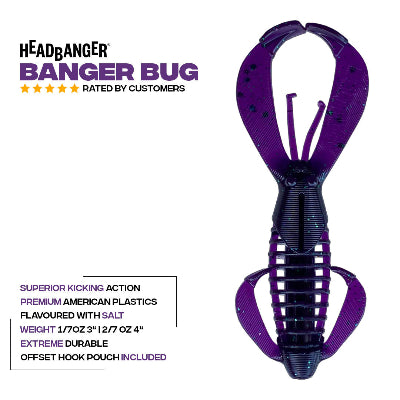 Purple fishing lure with text on a white background