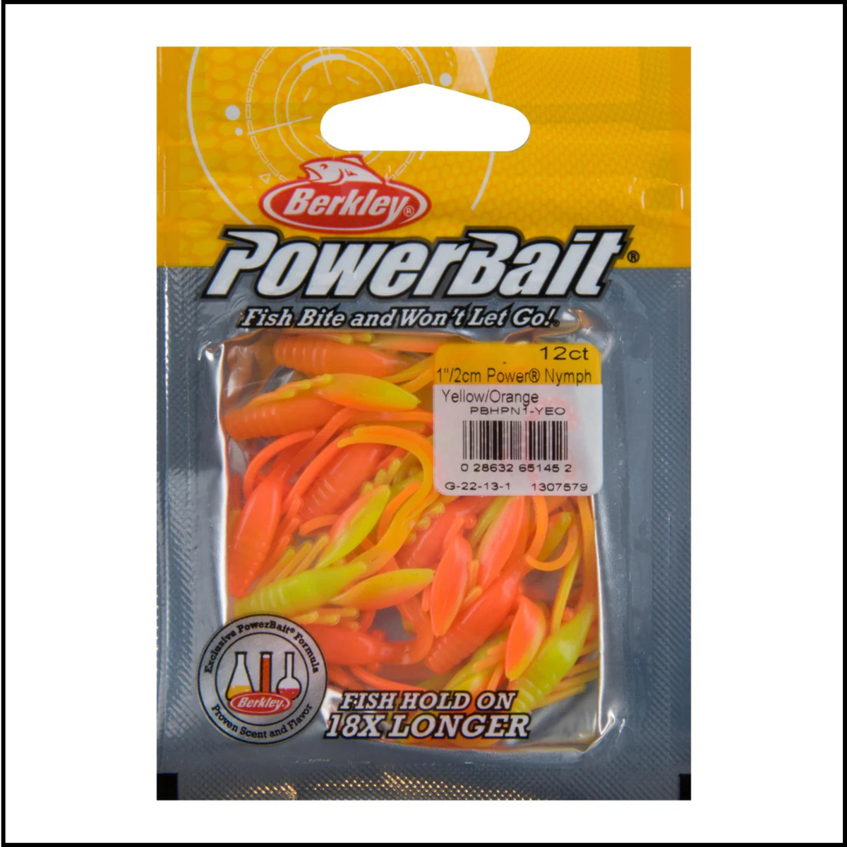Berkley PowerBait fishing lures in yellow and orange packaging on a white background