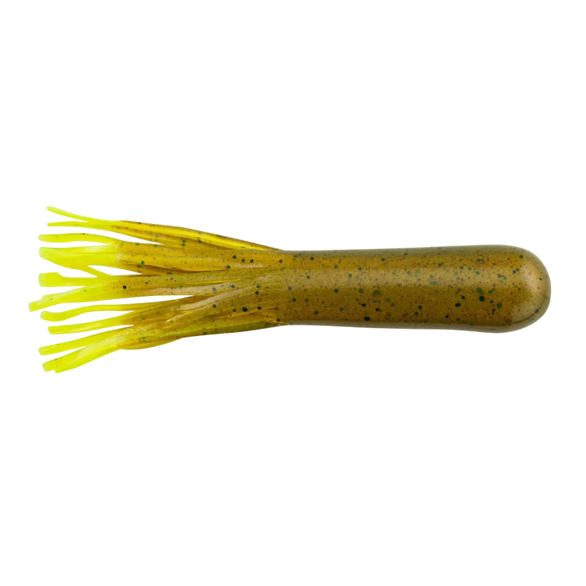 Fishing lure with yellow skirt and speckled body on a white background