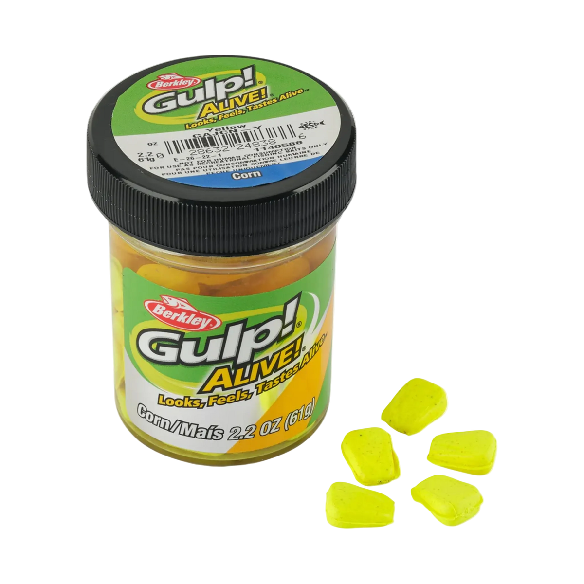 Jar of Berkley Gulp! Alive! corn with yellow corn pieces on a white background