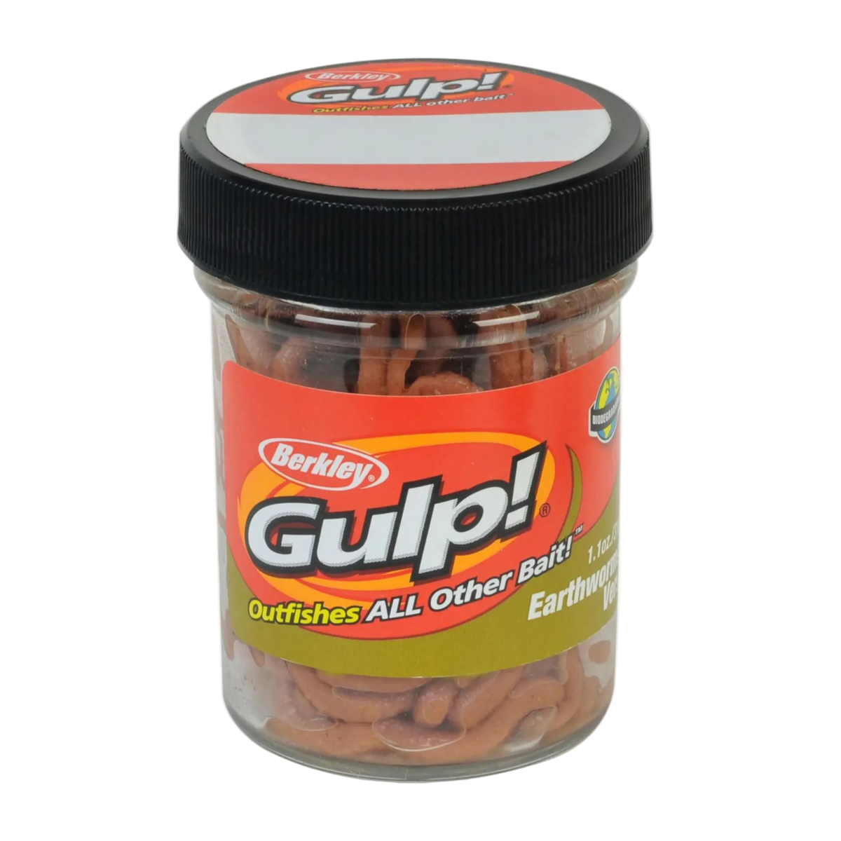 Jar of Berkley Gulp! fishing lures with red and black label