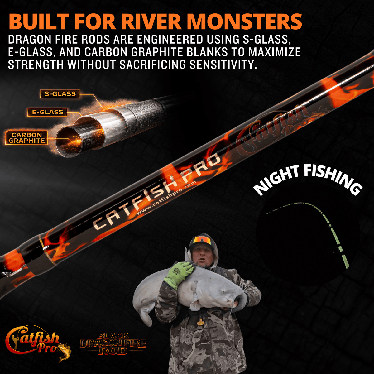 Catfish Pro Black Dragon Fire Spinning Glow Rod | 7'6"