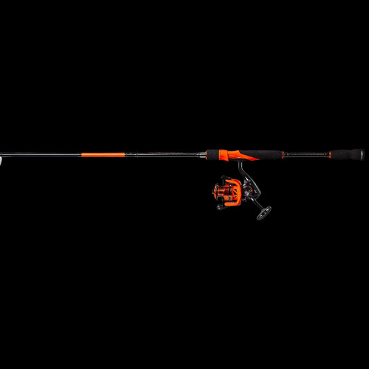 A fishing rod and spinning reel combo with a black and orange color scheme, shown against a solid white background.