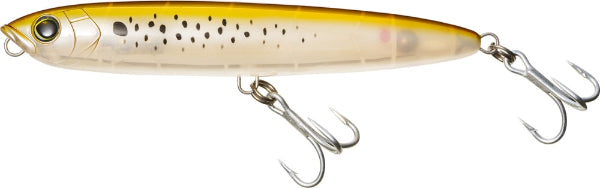 A hard bait fishing lure with a yellow and white body, black speckles, and two silver treble hooks attached.