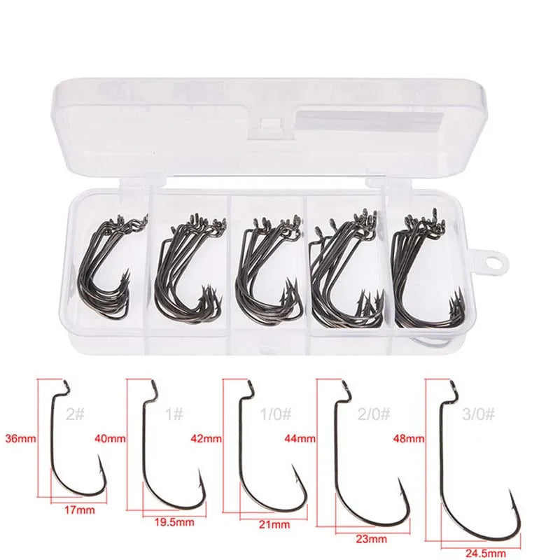 Carbon Steel Fishing Hooks Offset Wide Gap Barbed Jig Hooks for Soft Worm Sea Fishing