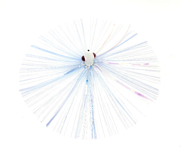 Decorative light with blue and white fibers on a white background