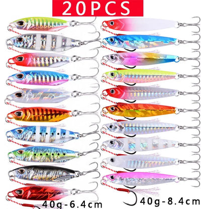 20PCS Quality Metal Cast Jig Spoon Set 10g- 60g Shore Casting Jigging Fish Sea Bass Fishing Lures Artificial Bait Tackle