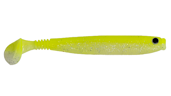 Yellow fishing lure with a black eye on a white background