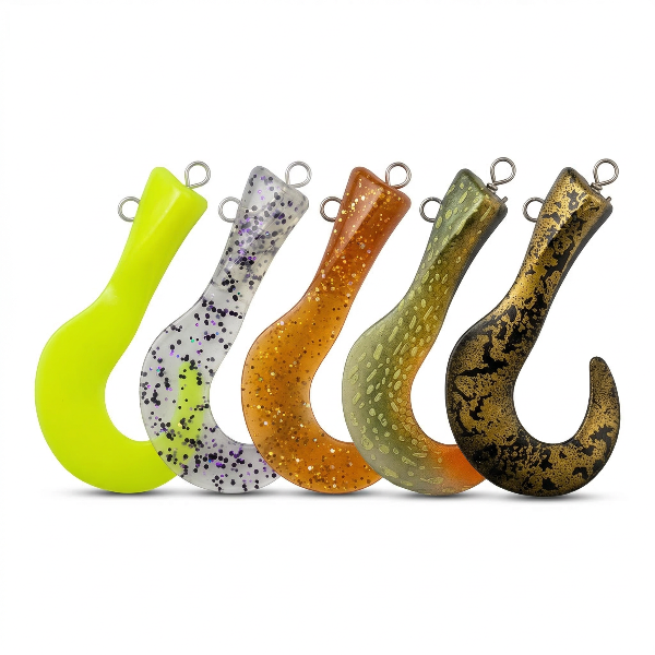 Five colorful fishing lures with different patterns on a white background
