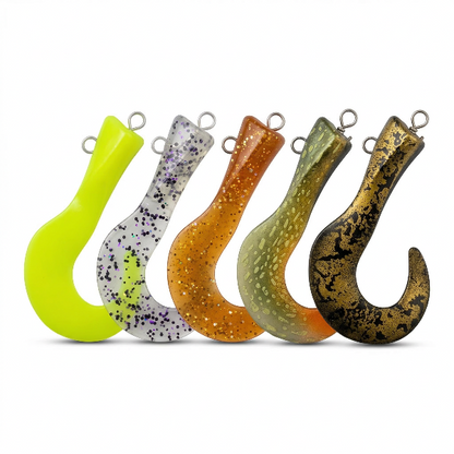 Five colorful fishing lures with different patterns on a white background