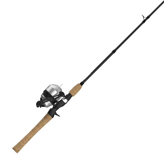 Black fishing rod with a silver spincast reel and a light brown cork handle.