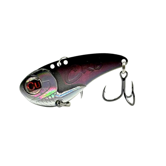 Fishing lure with a shiny metallic finish on a white background