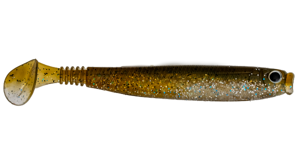 Fishing lure with a gold and black pattern on a white background