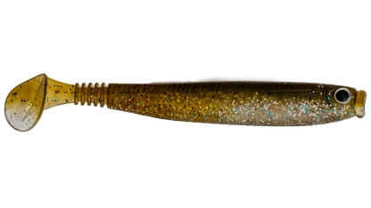 Fishing lure with a gold and black pattern on a white background