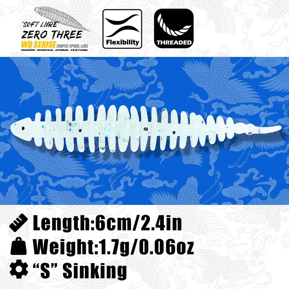 Soft Fishing Lure, Spiral Worm Bait with Glitter