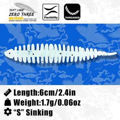 Soft Fishing Lure, Spiral Worm Bait with Glitter