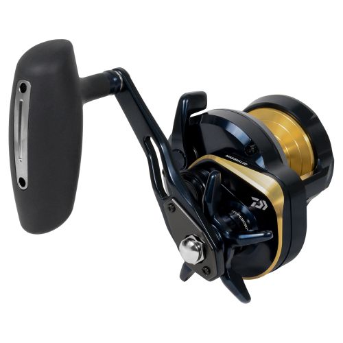 Fishing reel with black and gold design on a white background