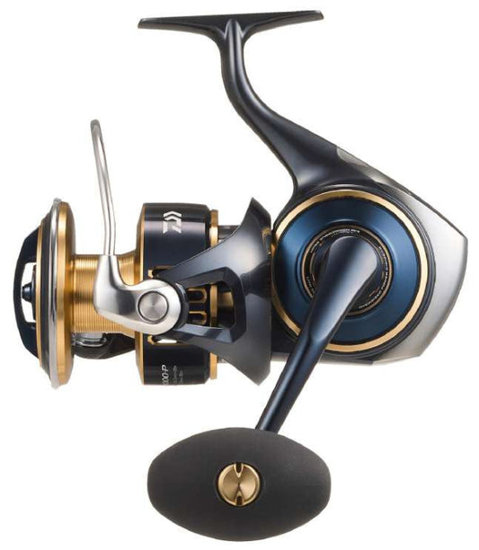 Fishing reel with metallic and black design on a white background