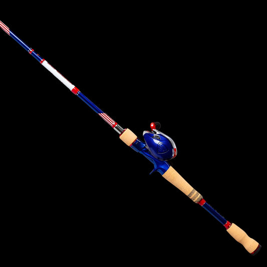 A fishing rod with a blue spinning reel, featuring a white and blue segmented shaft, a beige cork grip, and red accents, isolated on a white background.