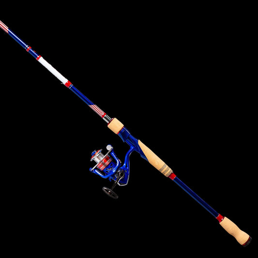 A fishing rod with a blue and red spinning reel, featuring a beige cork grip and a black handle, shown against a solid white background.