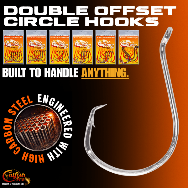 Fishing hook with packaging and promotional text on a brown background